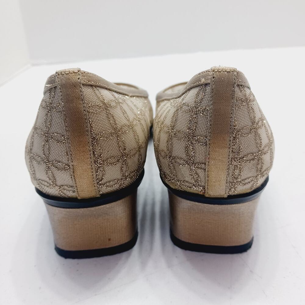 Shoes Women Slip On Pump Gold Mesh Floral Nina Cuban Heel Square Toe Size 8.5M - Picture 5 of 8